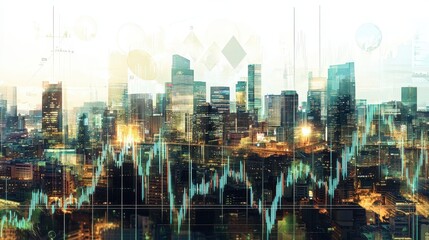 A modern cityscape overlaid with abstract forex charts, all isolated on a white background.