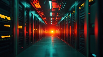 A Computer Server Room Illuminated With Green And Red Lighting