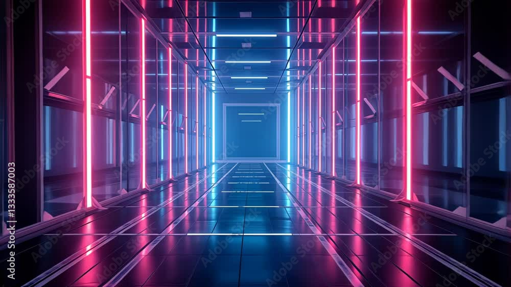 Poster futuristic neon-lit corridor with reflective floors and illuminated lines creating a cyberpunk atmos