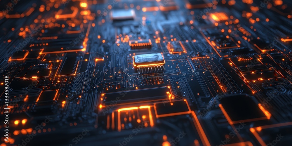 Poster glowing circuitry: a close-up view of a complex circuit board with glowing orange and blue pathways,
