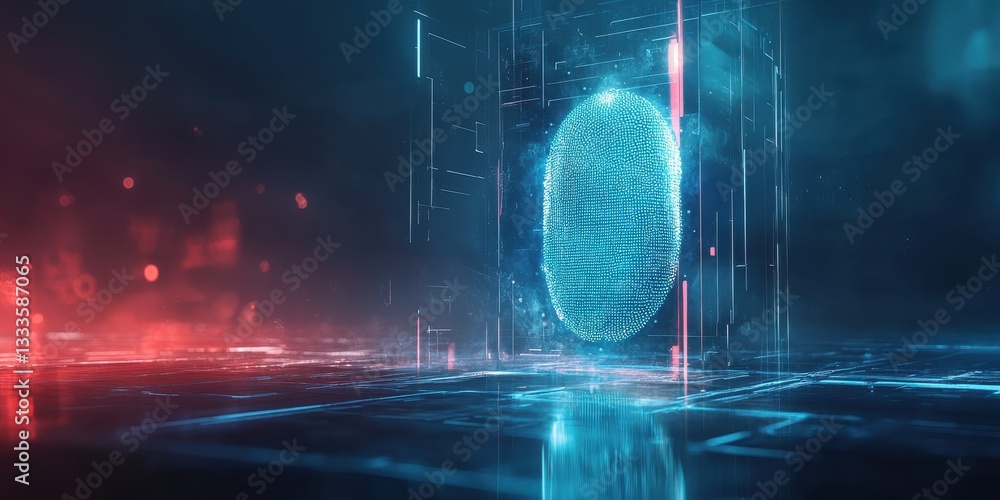 Poster digital fingerprint: a glowing digital fingerprint is suspended within a futuristic grid, hinting at