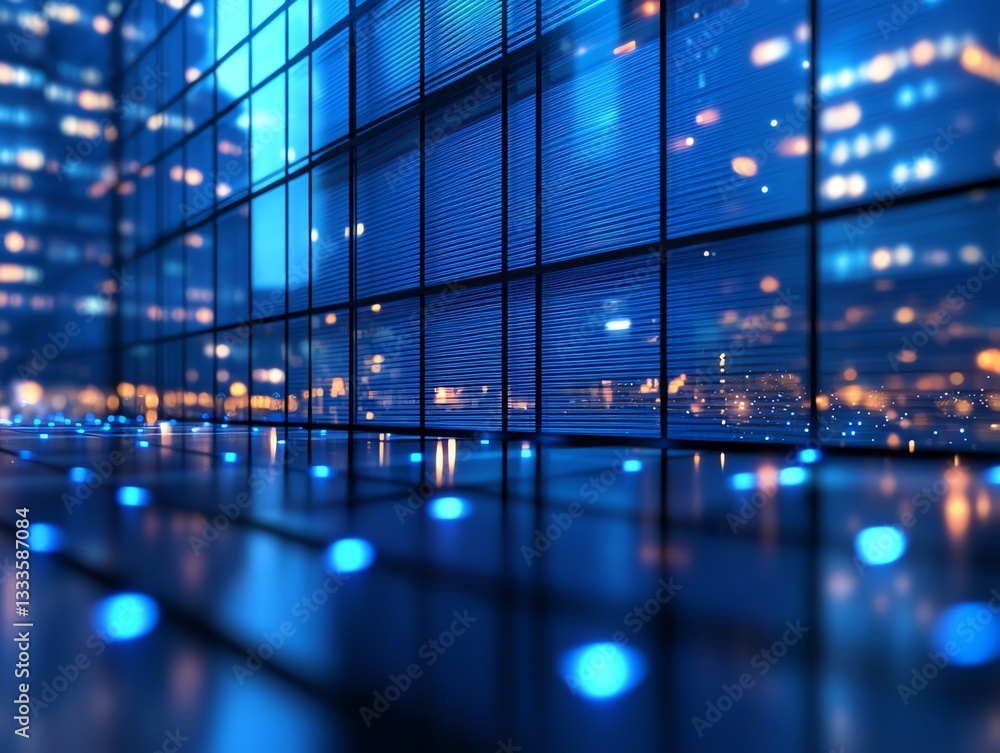 Poster illuminated city view through large window with abstract light reflections