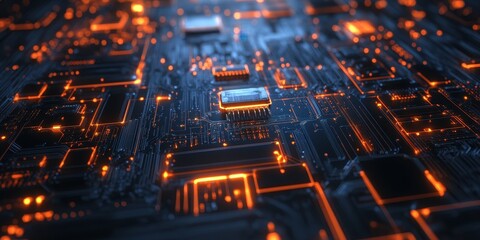 Obraz premium Glowing Circuitry: A close-up view of a complex circuit board with glowing orange and blue pathways, showcasing the intricate design and technological advancements.