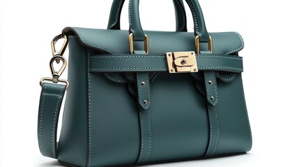 A teal colored leather handbag with a shoulder strap