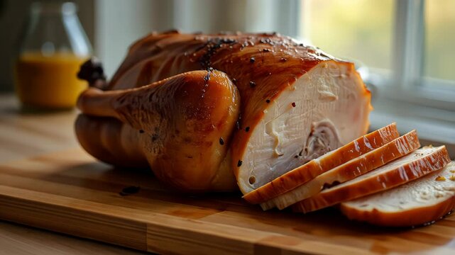  Juicy glazed ham with slices cut and arranged on a wooden cutting board with a window view in the background