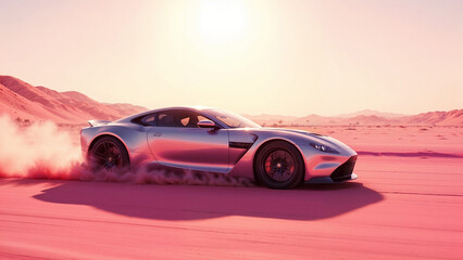 Fototapeta premium A luxury sports car drives through a vast pink desert landscape