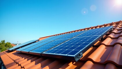 Naklejka premium Close-up of solar panels on rooftops in Sydney with blue sky background, eco-friendly, photovoltaic