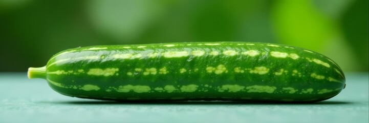 Close-up of striped cucumber in artistic formation on clean surface, nutrition, harvest