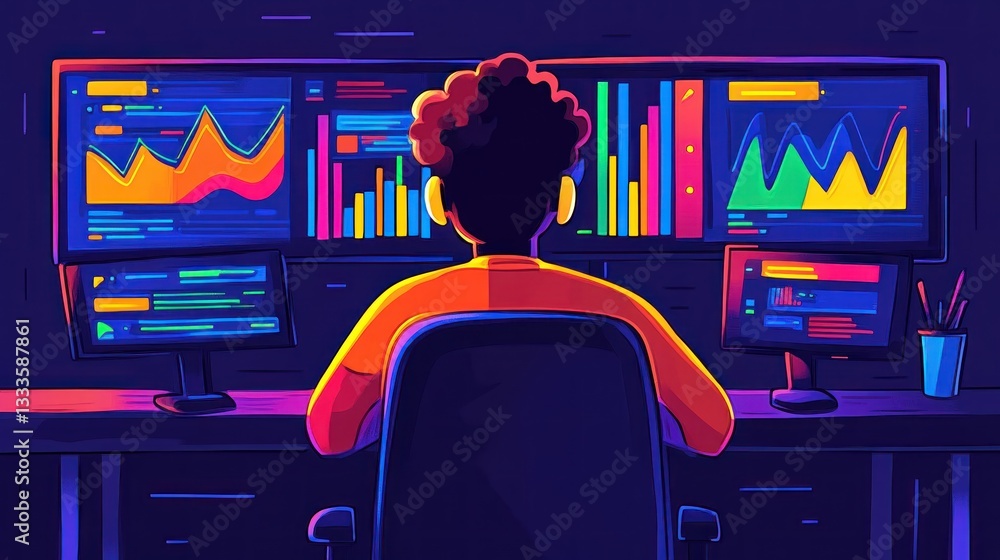 Poster a person analyzing data on computer monitors in a dark room