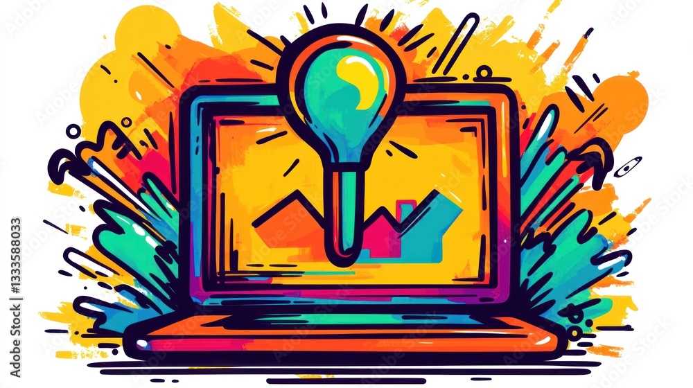 Poster a colorful laptop screen with lightbulb and data charts