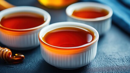 Several small white bowls filled with amber colored liquid