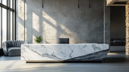 A modern office reception room featuring a marble computer desk, showcasing a sleek and sophisticated design.