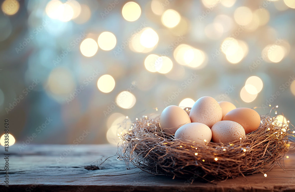 Poster fresh chicken eggs nestled in a rustic nest with delicate string lights on a wooden table against a 