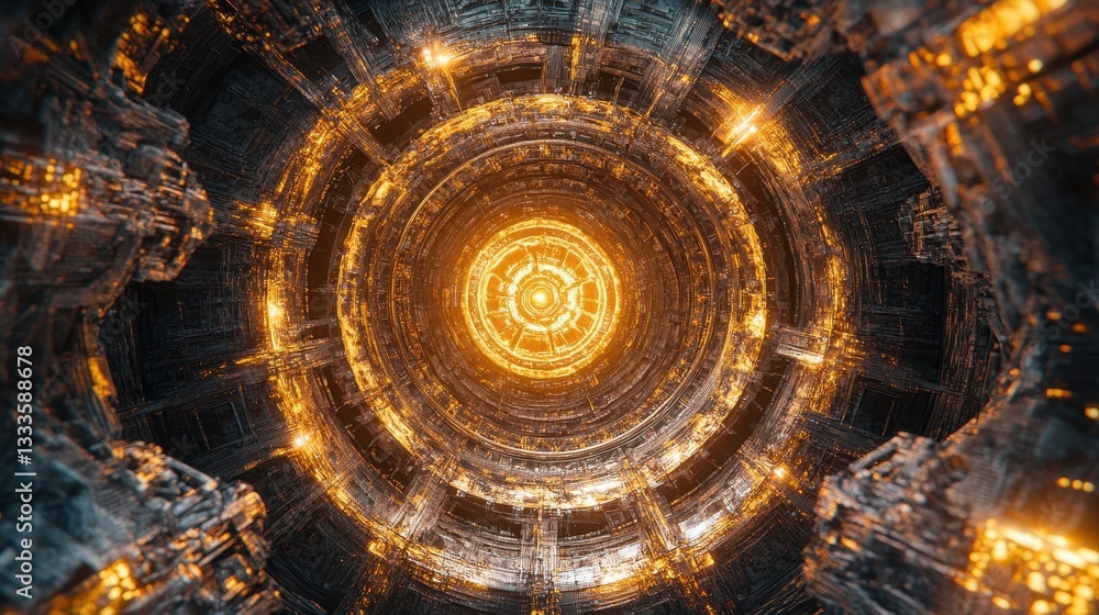 Poster celestial gateway: intricate glowing structures, reminiscent of a celestial portal, adorned with cir
