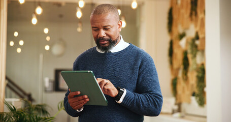 Tablet, research and mature businessman in lobby at hotel for corporate conference with travel....
