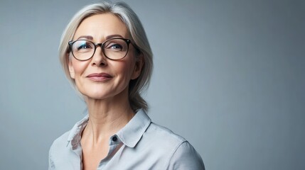 Portrait of a mature woman wearing glasses looking upwards with hope