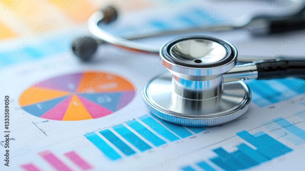 Poster a stethoscope rests upon charts and colorful statistical data