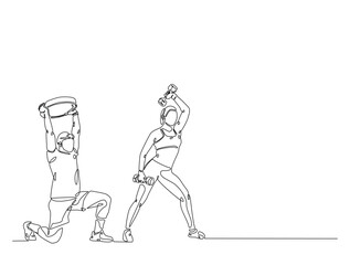 Continuous line art drawing of woman and man workout using barbell. Couple training in sport gymnasium club cente in one line drawing illustration. Editable stroke.