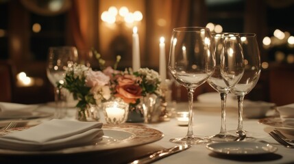 Fototapeta premium Elegant Dinner Table: A beautifully set table with crystal glassware, delicate floral arrangement, and soft candlelight create a romantic ambiance.