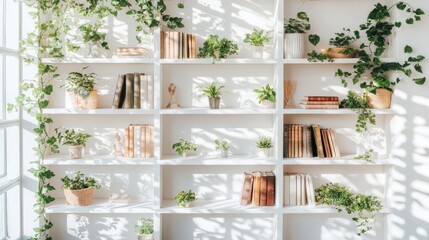 Sunny, White Bookshelf with Plants