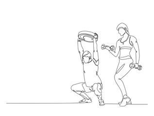 Continuous line art drawing of woman and man workout using barbell. Couple training in sport gymnasium club cente in one line drawing illustration. Editable stroke.