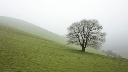 Fototapeta premium Solitary Tree on Foggy Green Hillside
