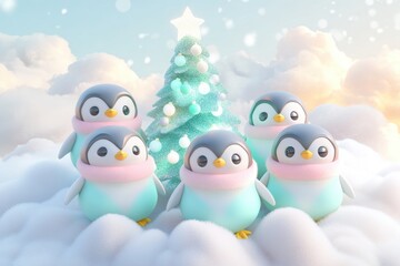 Obraz premium Adorable penguins in pastel colors celebrate Christmas near a decorated tree in a snowy, cloudy landscape.
