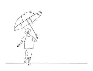 Continuous line art drawing of kid holding umbrella. A boy walking with umbrella in one line drawing illustration. Editable stroke.