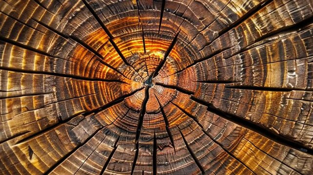 Close up view of tree trunk cross section reveals intricate rings and cracks, showcasing natural texture and warm tones of wood. Detailed pattern highlights tree age and growth history, emphasizing