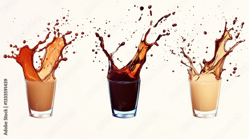 Poster three glasses of drinks experiencing dynamic splashes in isolation