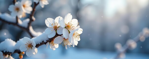 Delicate white blooms of a fruit tree contrast with icy snow cover, seasonal, frost