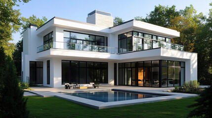 Fototapeta premium Modern White House with Clean Lines and Natural Surroundings