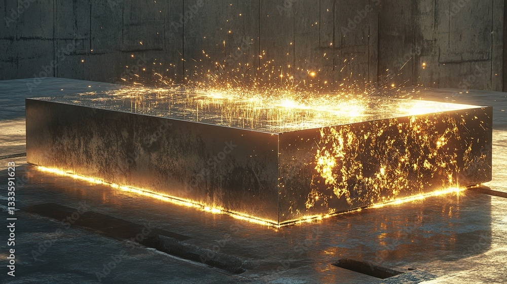 Poster precision cnc machine cutting large metal block with sparks