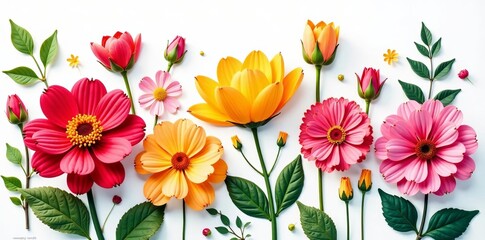 Bright and vibrant summer blooms with intricate details and pops of color on a white background, vibrant, illustration