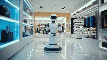 An AI-powered robot performing customer service tasks in a retail store.