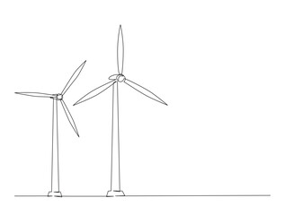 Continuous line art drawing of electricity wind turbines power. Turbines wind generator in one line drawing illustration. Editable stroke.