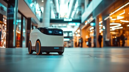 An autonomous delivery robot navigating through a shopping mall.