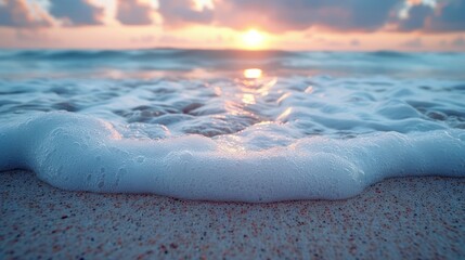 Foamy ocean waves on a sandy beach at sunrise.