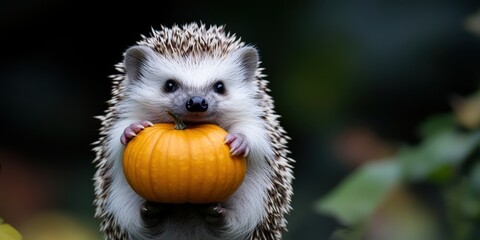 Obraz premium Hedgehog with Pumpkin: A charming hedgehog clutches a miniature pumpkin, its spiky coat contrasting with the smooth, orange fruit in a close-up portrait, portraying autumn vibes.