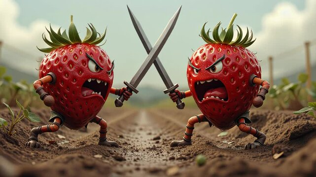  Two animated strawberries with arms and legs dueling with swords on a farmland