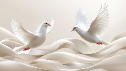 Obraz premium Two Beautiful White Doves Gracefully Gliding Through Air And Fabric