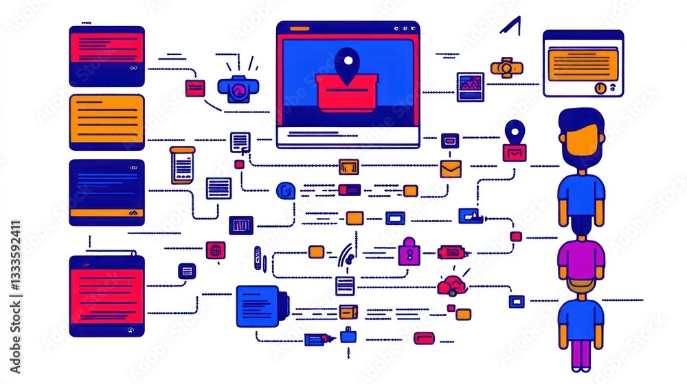 Poster digital illustration showing interconnected systems and user interface elements