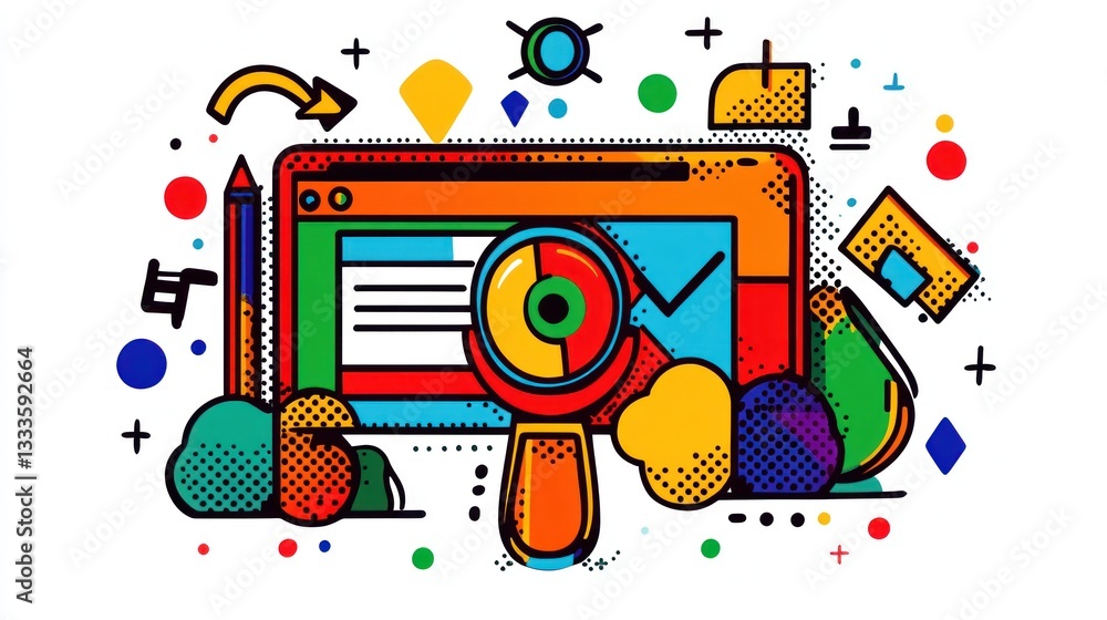 Poster colorful illustration of a digital interface with analytical tools and data