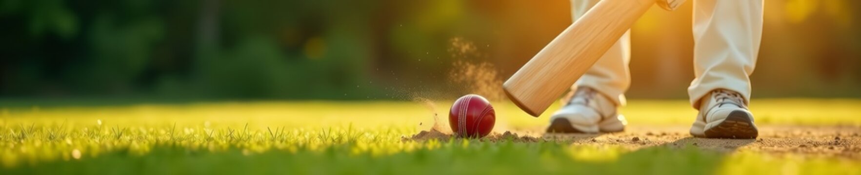 Dynamic shot of ball being hit by cricket player on field, action, field