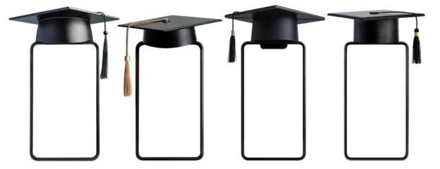 Smartphones with graduation caps on top, isolated on transparent cutout background