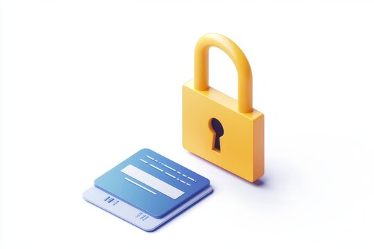 Secure Online Payment.  A vibrant yellow lock, a keyhole in place, protects a pair of credit cards - Powered by Adobe