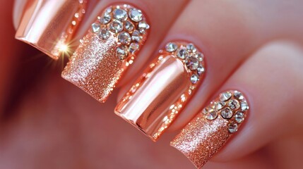 Rose Gold Nail Art with Rhinestones