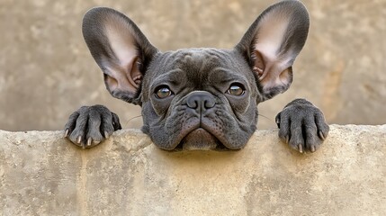 French bulldog, peeking over a wall, against neutral wall
