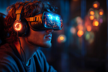 Gamer in a dark room with neural interface and helmet with glowing wires sending data into the brain, surrounded by floating holographic game elements