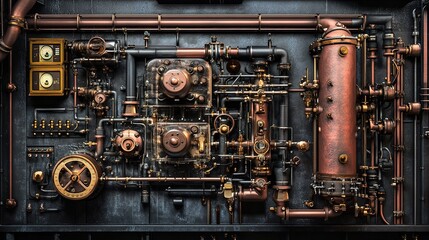 Fototapeta premium Detailed Industrial Gas Boiler System with Pipes and Gauges